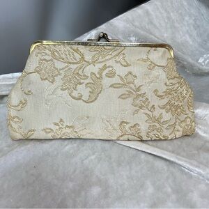 Vintage metallic gold ivory Kiss Lock Clutch
